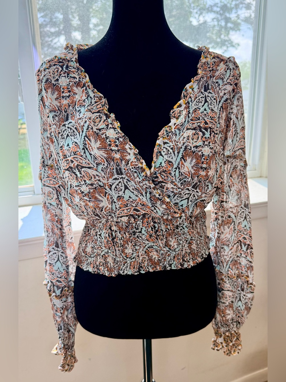 Anthropologie Flounce ruffle Blouse smocked waist v neck floral cottage core sm